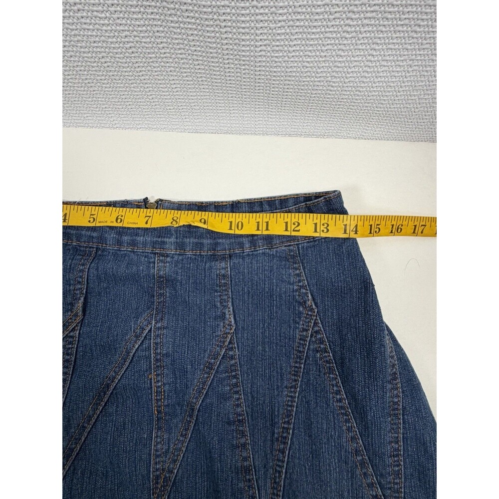 BE-GIRL Denim Midi Skirt Women Size S Blue Patchwork Frayed Hem Y2K Stretch - Picture 7 of 8
